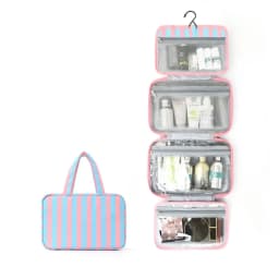 Portable Hanging Travel Toiletry Bag 4-Fold with Hook Makeup Bag Large Capacity Striped Cosmetic Bag Travel
