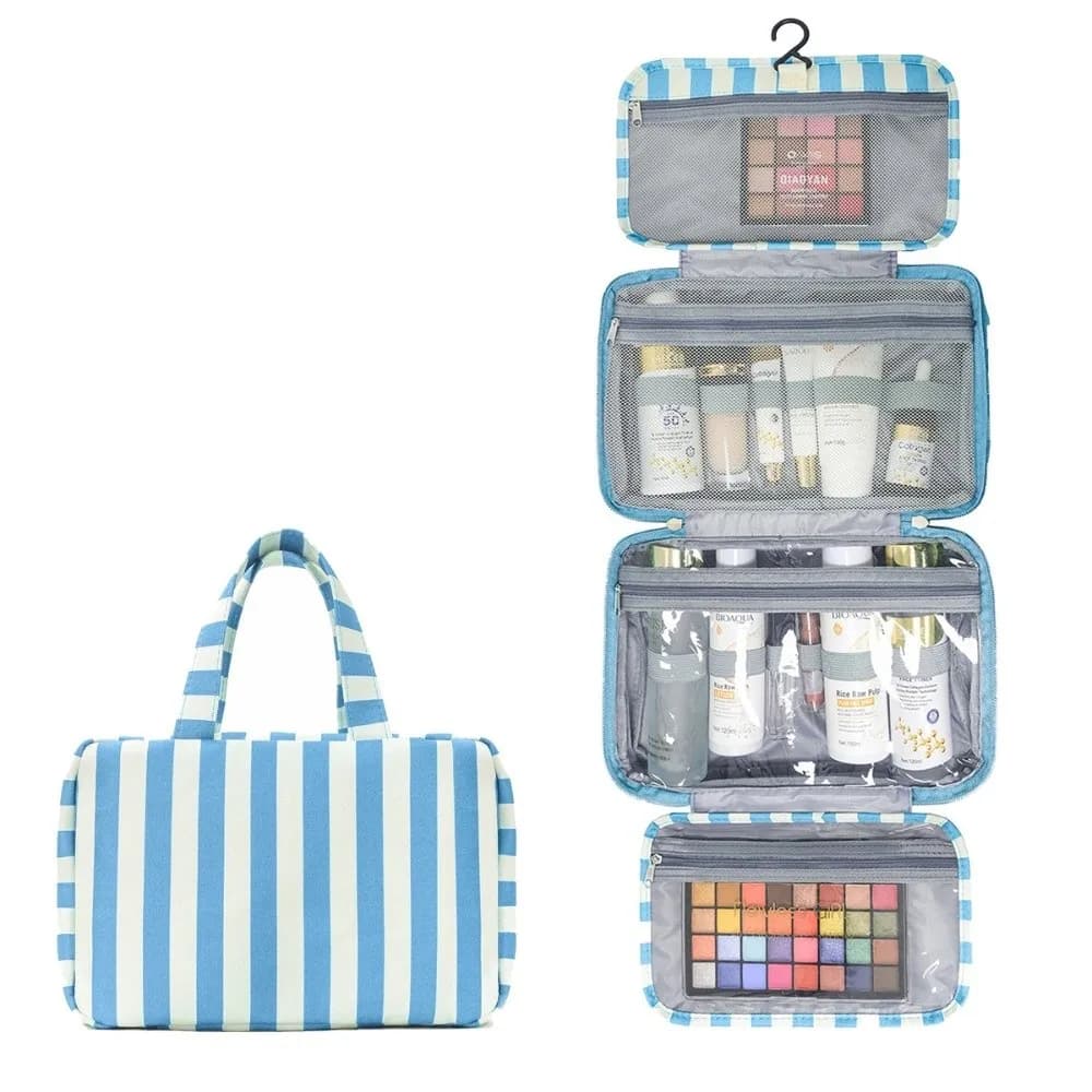 Portable Hanging Travel Toiletry Bag 4-Fold with Hook Makeup Bag Large Capacity Striped Cosmetic Bag Travel