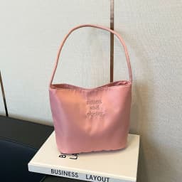 Embroidered Small Square Bag, Bucket-Shaped Nylon Fashion Trendy Commuter Japanese-Style Bucket Bag, New Spring/Summer Single-Shoulder Bag