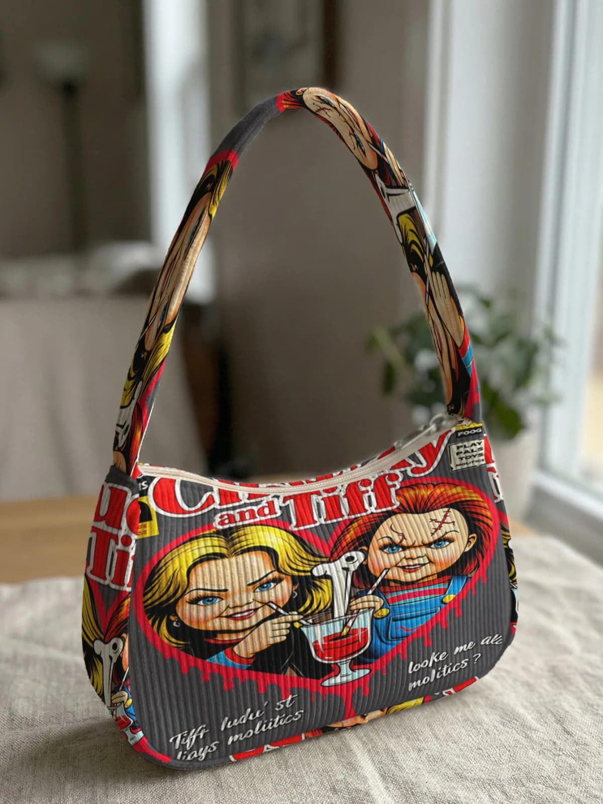 Trendy Chucky & Tiffany Print Shoulder Bag, Corduroy Underarm Bag for Daily Casual Use