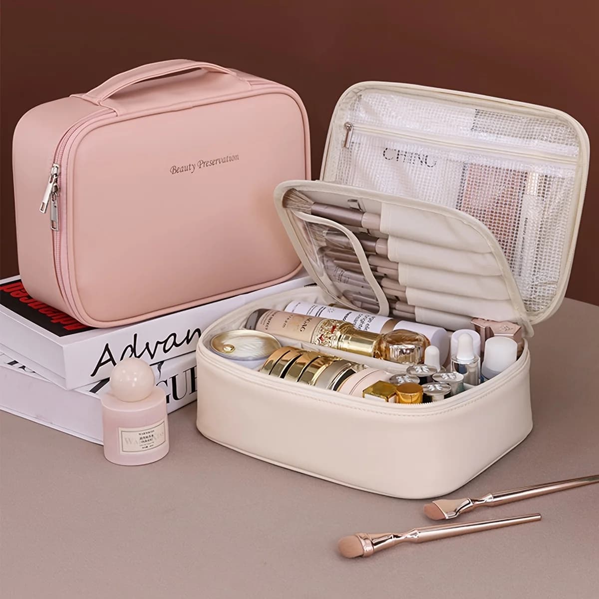 PU Leather Double Layer Makeup Bag Large Capacity Cosmetic Bags Luxury Cosmetics Organizer Women's Travel Essentials