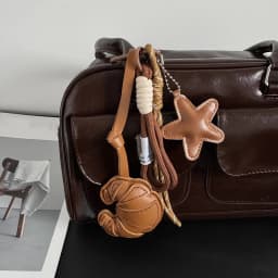 Handmade Leather Croissant Keychain Brown Star Leather Bag Charm with Braided Rope, Aesthetic Keychain for Women