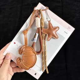 Handmade Leather Croissant Keychain Brown Star Leather Bag Charm with Braided Rope, Aesthetic Keychain for Women