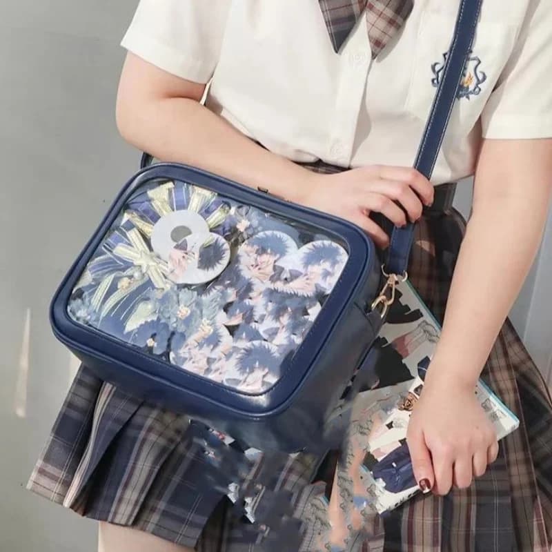 Kawaii Handbag Crossbody Bag PU Leather Transparent Window Shoulder Bag for Anime Badge Pins Display Daily Casual Messenger Bag
