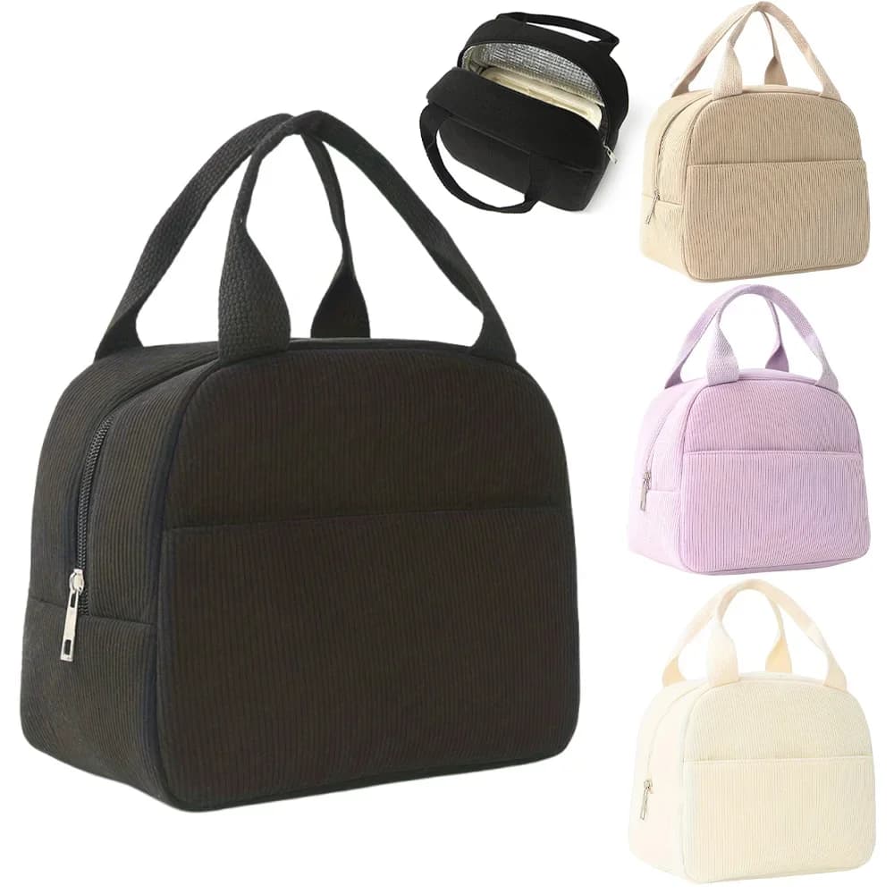 Reusable Thermal Insulated Bento Bag Embroidery Portable Corduroy Lunch Bag for Kid Ideal for Go To School/Travel Work Trips