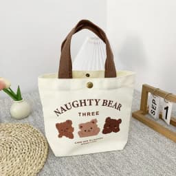 Bear Shape Canvas Tote Bag For Women Cute Mini Handheld Lunch Bag Student School Bag Gift Bag