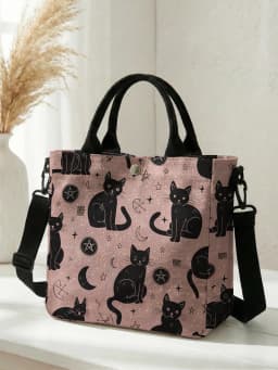 Witchy Black Cat Moon Star Print Pink Canvas Tote Bag Detachable Strap Crossbody Handbag For Women Daily Shopping