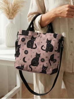 Witchy Black Cat Moon Star Print Pink Canvas Tote Bag Detachable Strap Crossbody Handbag For Women Daily Shopping