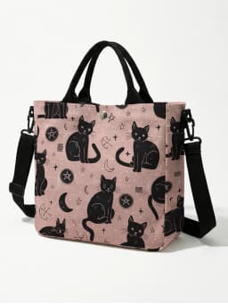 Witchy Black Cat Moon Star Print Pink Canvas Tote Bag Detachable Strap Crossbody Handbag For Women Daily Shopping