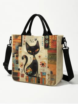 Abstract Geometric Floral Black Cat Art Print Tote Bag Detachable Strap Crossbody Handbag For Women Daily Shopping