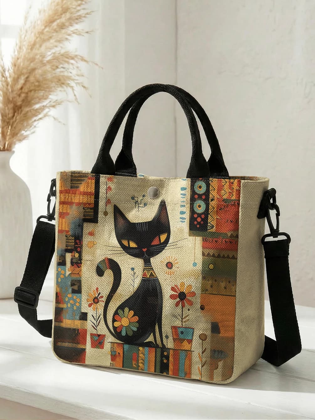 Abstract Geometric Floral Black Cat Art Print Tote Bag Detachable Strap Crossbody Handbag For Women Daily Shopping