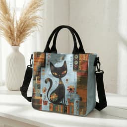 Abstract Geometric Floral Black Cat Art Print Tote Bag Detachable Strap Crossbody Handbag For Women Daily Shopping