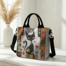 Abstract Geometric Floral Black Cat Art Print Tote Bag Detachable Strap Crossbody Handbag For Women Daily Shopping