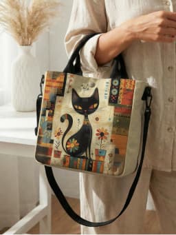 Abstract Geometric Floral Black Cat Art Print Tote Bag Detachable Strap Crossbody Handbag For Women Daily Shopping