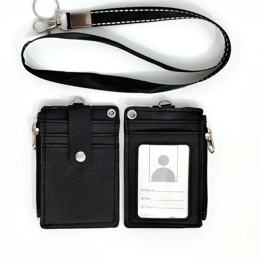 1Piece Neck Hanging Zipper Card Storage Box PU Leather Portable Lightweight Card Holder Teacher Student Work Supplies