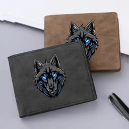 Men's Retro Bifold Wallet Cool Blue Eyes Wolf Pattern Double-Fold PU Leather Fashion Wallet Coin Bag Simple And Stylish