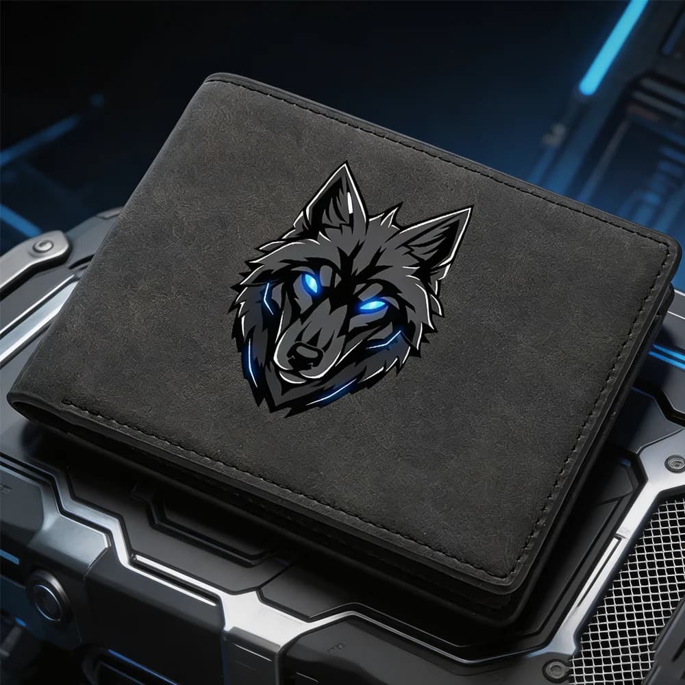 Men's Retro Bifold Wallet Cool Blue Eyes Wolf Pattern Double-Fold PU Leather Fashion Wallet Coin Bag Simple And Stylish