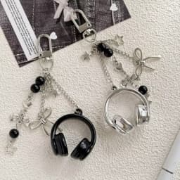 Y2k Gothic Headphone Keychain Silver Metal Star Bow Beaded Tassel Charm Trendy Aesthetic Bag Pendant For Teen Girls Best Friend