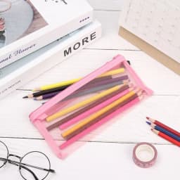 1pc Solid Color Nylon Stationery Makeup Coin Purse Cosmetic Cosmetic Storage Mesh Pen Bag Transparent Grid Zipper Pencil Case