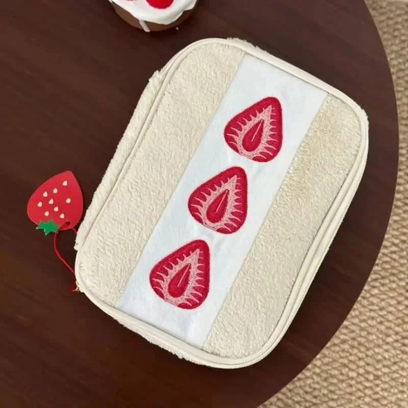 Portable Fuzzy Pen Bag Strawberry Sandwich Multi-functional Makeup Bag Cute Embroidered Pencil Case School Office