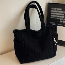 Lightweight Large Capacity Corduroy Handbag with Zipper Closure Solid Color Casual Shoulder Bag for Daily Commuter