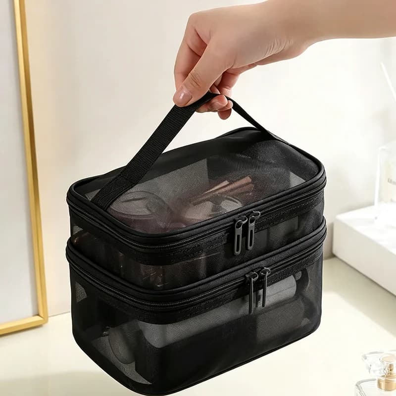 Portable Handheld Mesh Cosmetic Pouch Large Capacity Toiletry Organizer Multifunctional Travel Makeup Storage Bag