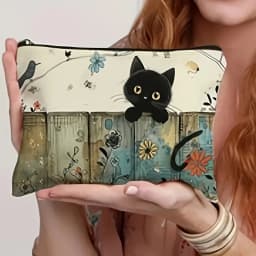 Charming Black Cat & Floral Design Zipper Pouch - Durable, Fade-Resistant, Lightweight Cosmetic Bag with Vibrant Illustration