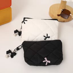 Quilted Bow Makeup Bag, Portable Travel Pouch for Lipstick, Earphones, and Small Items, Exquisite Handheld Clutch