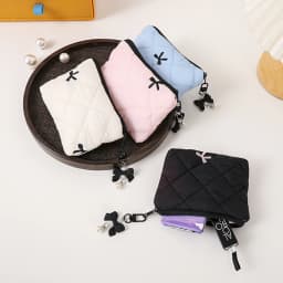Quilted Bow Makeup Bag, Portable Travel Pouch for Lipstick, Earphones, and Small Items, Exquisite Handheld Clutch