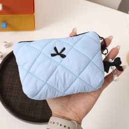 Quilted Bow Makeup Bag, Portable Travel Pouch for Lipstick, Earphones, and Small Items, Exquisite Handheld Clutch