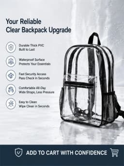 Clear Backpack Heavy Duty Transparent PVC Bookbag Stadium Approved Security Fast Checks For School College Work Music Festival