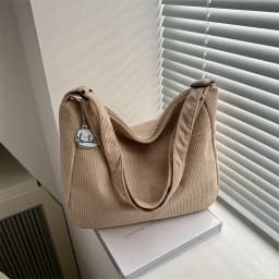 Women’s Corduroy Shoulder Bag, Casual Striped Large Capacity Tote with Zipper Closure, Cute Hat Patch, Perfect for Everyday Use
