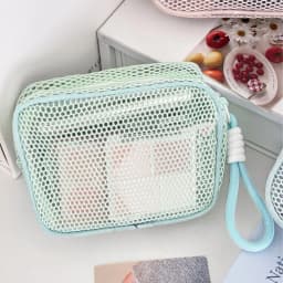 Cubic Mesh Cosmetic Bag, Dopamine Aesthetic Makeup Pouch with Pearl Zipper, Large Capacity Portable Travel Toiletry Bag