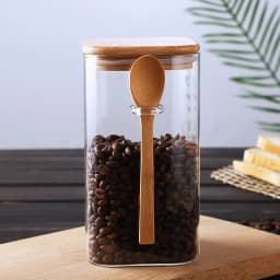 Japanese Style Square Glass Sealed Storage Jar with Wooden Spoon Seasoning Box Coffee Bean Cans Household Milk Powder Tea Cans