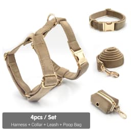 Light Coffee Velvet Harness for Dogs Personalized Mini Size Collar for Cat Tiny Dogs Soft Adjustable Bowtie Collar and Leash Set
