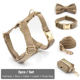 Light Coffee Velvet Harness for Dogs Personalized Mini Size Collar for Cat Tiny Dogs Soft Adjustable Bowtie Collar and Leash Set