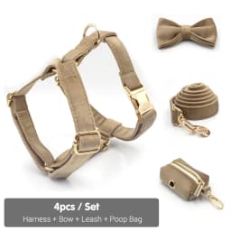 Light Coffee Velvet Harness for Dogs Personalized Mini Size Collar for Cat Tiny Dogs Soft Adjustable Bowtie Collar and Leash Set