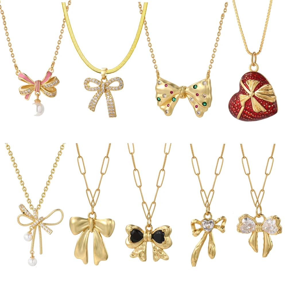 Bow Necklace for Women Cute Butterlfy Heart Pendant Gold Color Stainless Steel Long Chain Collars Neck Cadenas Para Hombre en