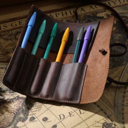 Retro Leather Pen Curtain Simple Pencil Case Roll Up Pen Curtain Makeup Brush Pouch Stationery Storage Bag School Office