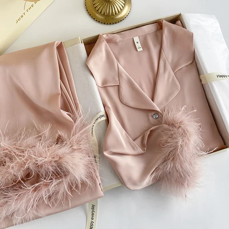 Spring Autumn Female Pajamas Trouser Set Luxury Feather Pink Bride Wedding Sleepwear Gift Sexy Loose Satin Home Wear Loungewear