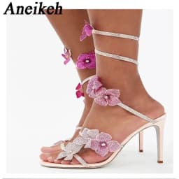 Aneikeh Sexy CRYSTAL Flower Narrow Band Ankle Strap Sandals Woman Thin High Heels Street Style Pole Dancing Ladies Shoes