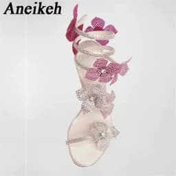 Aneikeh Sexy CRYSTAL Flower Narrow Band Ankle Strap Sandals Woman Thin High Heels Street Style Pole Dancing Ladies Shoes