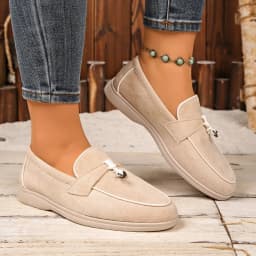 Four Seasons Women Suede Bow Decor Loafers Metal Accent Non-Slip Flat Sole Slip-On Office Work Daily Casual Walking Shoes