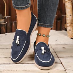 Four Seasons Women Suede Bow Decor Loafers Metal Accent Non-Slip Flat Sole Slip-On Office Work Daily Casual Walking Shoes