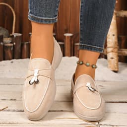 Four Seasons Women Suede Bow Decor Loafers Metal Accent Non-Slip Flat Sole Slip-On Office Work Daily Casual Walking Shoes