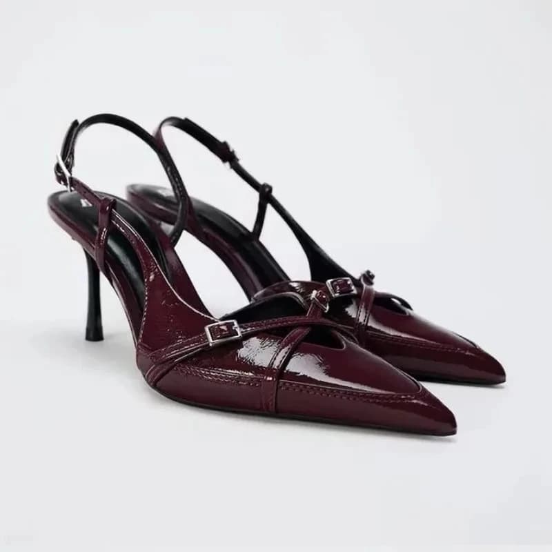 Sexy wine-red high-heeled shoes. Summer fashion pointed-toe elegant cross-strap stiletto sandals. Big size women's shoes