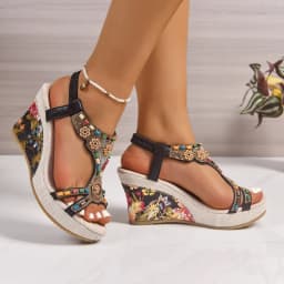 Woman Leather Summer Fashion Wedge Female Large Size Mid-heeled Platform Black New Comfortable Retro Sandals for Women