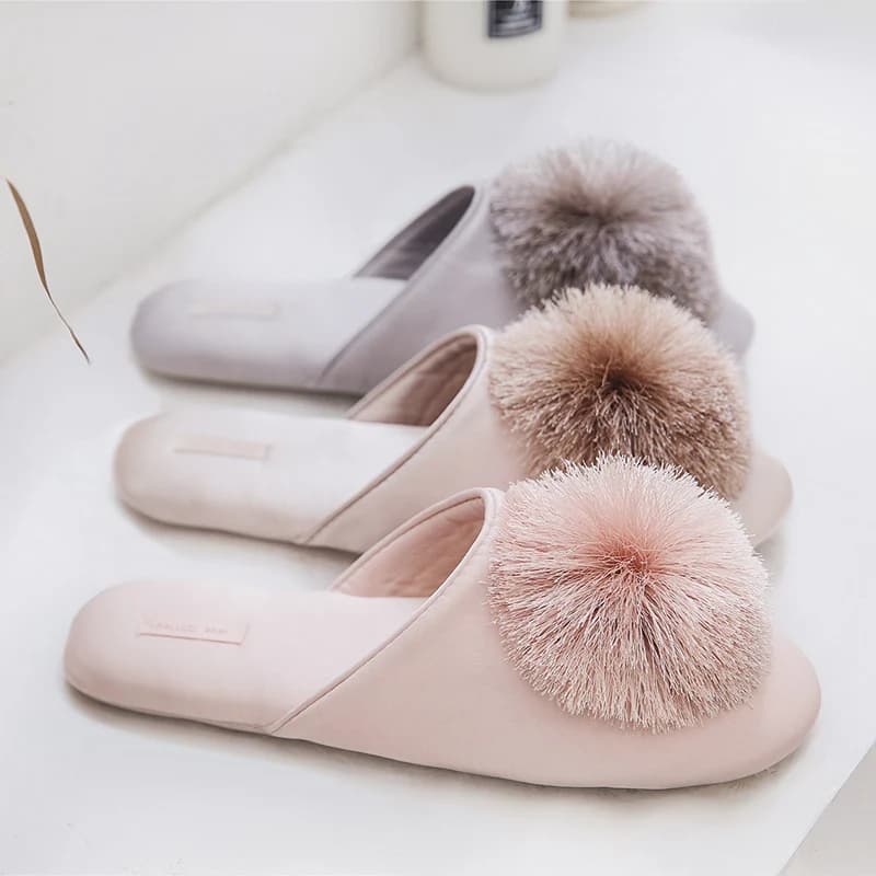 Fashion Women Satin Slippers With Plush Ball Thin Cool Indoor Floor Flat Home Shoes Bedroom Slippers