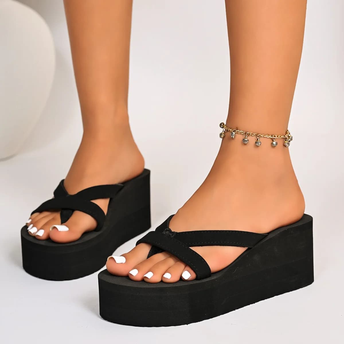 Women's Black Concise Chunky Platform Flip-Flops Summer 2026 Clip Toe Slip On Wedge Heel Sandals Woman Comforttable Light Slides