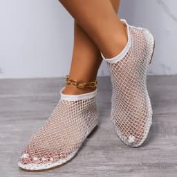 2025 Summer Women's New Round Toe Flat Bottom Sandals Hollow Short Boots Water Diamond Sexy Flat Bottom Fashion Banquet Slippers